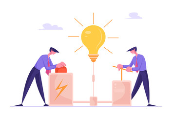 Businessmen Searching Creative Idea Concept. Business People Push Huge Lever Arm and Red Button for Launching Huge Glowing Light Bulb. Creativity Process, Brainstorm. Cartoon Flat Vector Illustration