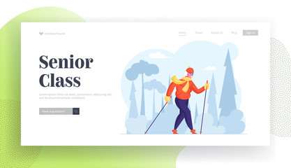 Old Woman Sports Exercise Website Landing Page. Senior Lady Walk with Scandinavian Sticks, Outdoors Fitness Activity, Healthy Lifestyle and Sport Life Web Page Banner. Cartoon Flat Vector Illustration
