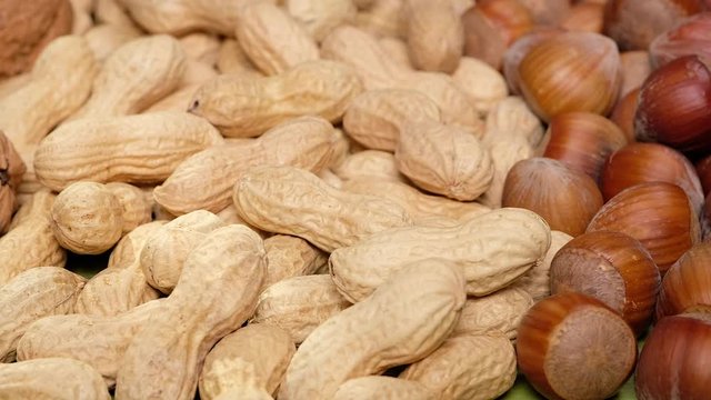 Nuts Mix. Walnuts, Almonds, pili, pecan, peanuts, Hazelnuts are on the Green wooden Surface. Nuts Detail. Nuts Closeup. Food Closeup