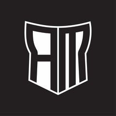 AM Logo monogram with negative space abstract shield shape design template on black background