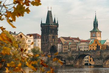 View of the Charles Bridge Through Autumn Leaves in Prague, Czechia