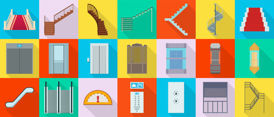 Staircase and lift vector flat set icon.Vector illustration stair and escalator.Isolated flat icon wooden of metal staircase on white background.