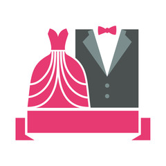 Illustration with stylized dress and suite over an empty ribbon. Represents a concept of a dinner, cocktail party, wedding.