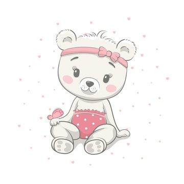 Cute baby bear cartoon vector illustration. Illustration in hand drawing style for baby shower. Greeting card, party invitation, fashion clothes t-shirt print.