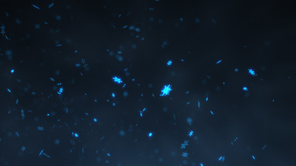 Falling white and gold snowflakes on night sky with snowstorm in winter. Falling snow background concept.