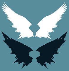 Angel and devil wings on a blue background. The wings of a bird. Fantasy. Vector graphics.