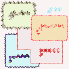 A set of 5 vector patterned seamless brushes, spring floral, striped ribbon woven walkway, red X, hatched hearts, openwork decor. Creative brushes for rectangular and round frames, scrapbooking