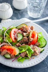 Salad with tuna and fresh tomatoes, cucumber and onions, on a white plate, selective focus