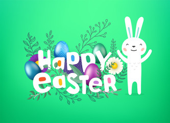 Happy Easter vector cover. Greeting card with comic style inscription and cute rabbit