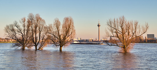 Der Rhein mit Hochwasser in Düsseldorf