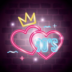 hearts with crown nineties retro style of neon light