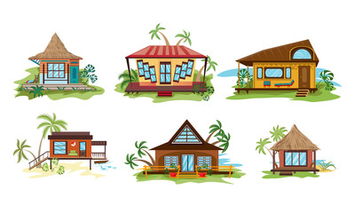 Set of different styles villa on the ocean beach in paradise. Vector illustration in flat cartoon style