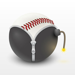 baseball leather ball inside a burning bomb. Vector Illustration, isolated and editable.