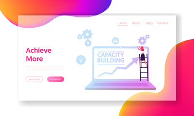 Capacity Building Website Landing Page. Business Woman Stand on Ladder at Huge Laptop with Growing Arrow Chart on Screen. Corporate Career Efficiency Web Page Banner. Cartoon Flat Vector Illustration