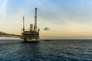 Oil production platform complex during sunrise at Terengganu oil field