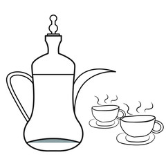 Arabic coffee pots and mugs flat vector, Arab tradition, Dallah