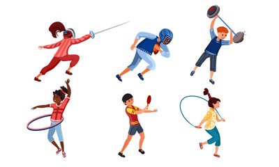 Fototapeta na wymiar Set of teenagers doing various kinds of sports activities. Vector illustration in flat cartoon style