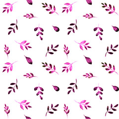 Hand drawn watercolor foliage seamless pattern on white background. Purple and black leaves endless print for your design. Floral wallpaper illustration.