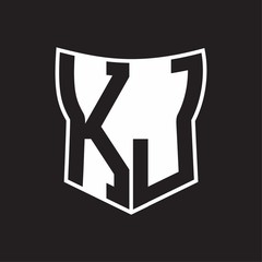 KJ Logo monogram with negative space abstract shield shape design template on black background