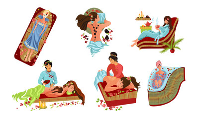 Set of cute girl relaxing at spa salon and taking spa treatment. Vector illustration in flat cartoon style.