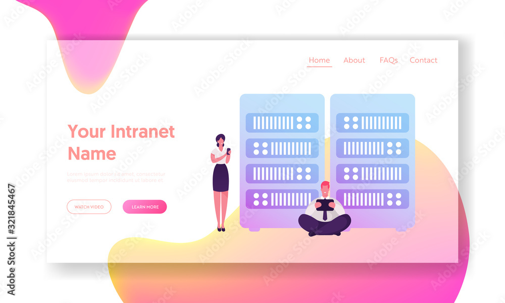 Poster intranet connection for information browsing and research website landing page. businesspeople with 