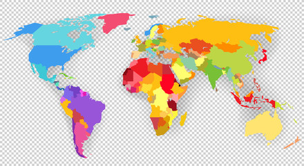 Fototapeta na wymiar Color vector world map isolated on transparent background