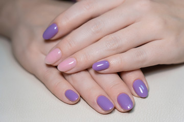 Closeup view photo of two manicured female hands with painted in pink and purple pastel colors nails.