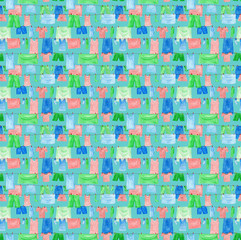 Seamless pattern of hand drawn colorful watercolor clothes drying on the rope. Wet dresses, panties, shorts, sock and others drying on the clothesline on blue background. Laundry endless print.