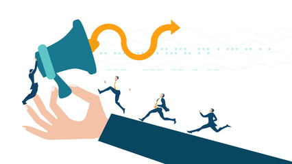 Business people running towards the megaphone symbolising the act of getting a controlling or leading position 