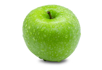 Fresh green apple with water droplets on the apple skin on a white background