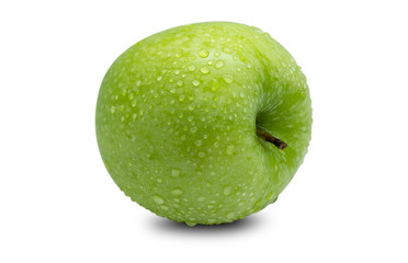 Fresh green apple with water droplets on the apple skin on a white background
