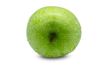 Fresh green apple with water droplets on the apple skin on a white background