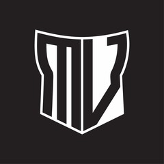 MV Logo monogram with negative space abstract shield shape design template on black background