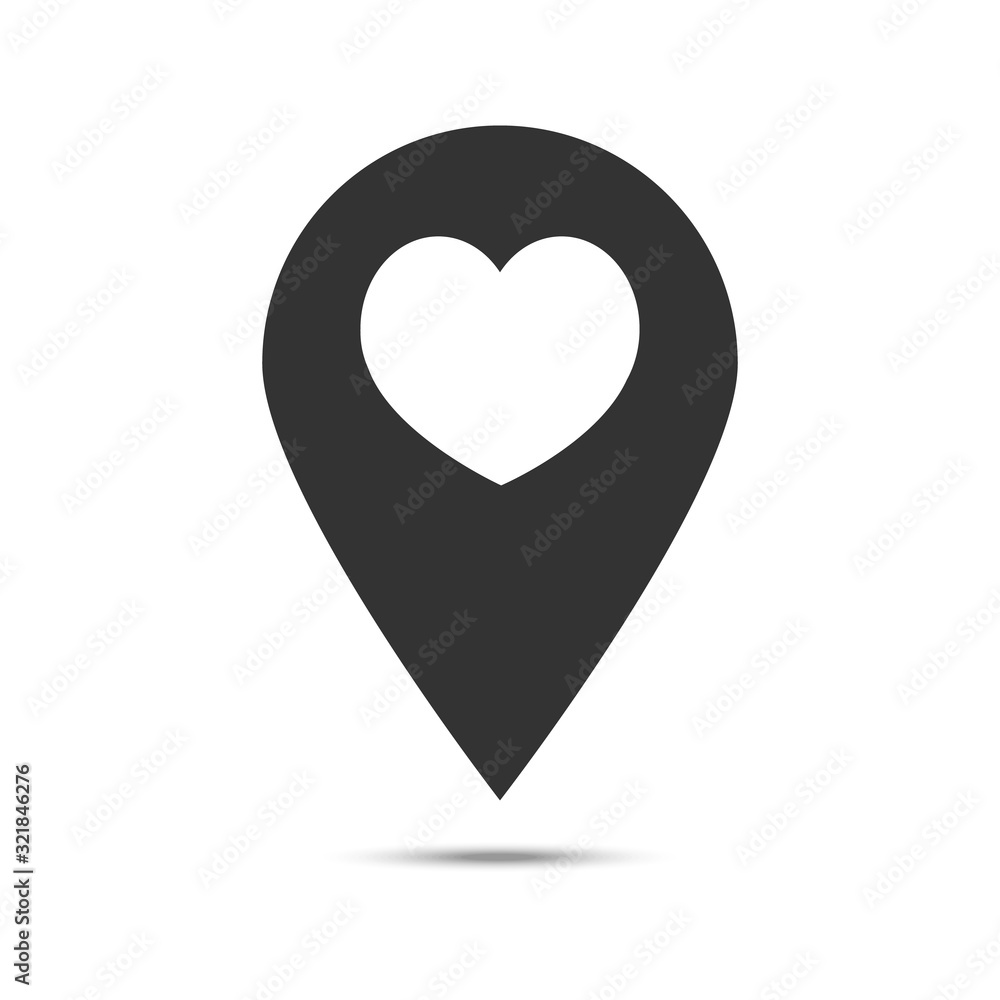 Poster map pointer with heart icon, location pin vector isolated symbol.