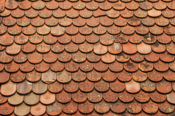 texture on terracotta roof tiles over an Italian mountain Castel in Val Gardena