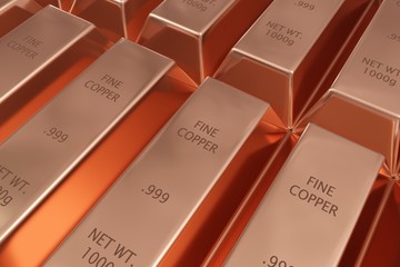Stacked rows of shiny copper ingots or bars background - essential electronics production metal or money investment concept - obrazy, fototapety, plakaty