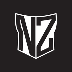 NZ Logo monogram with negative space abstract shield shape design template on black background