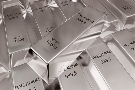 Single palladium ingot on stacked rows of shiny palladium ingots or bars background - precious metal or money investment concept
