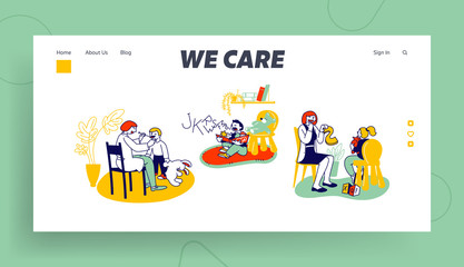 Obraz na płótnie Canvas Logopedic Treatment Session and Speech Therapy Website Landing Page. Friendly Woman Logopedist Articulating with Children Teach to Speak Correctly Web Page Banner. Cartoon Flat Vector Illustration