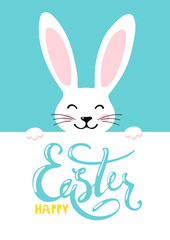 Bunny holds the background with a wish for a happy Easter card. Simple cartoon vector illustration. Lettering Isolated on a white background and a cute rabbit on a blue background.