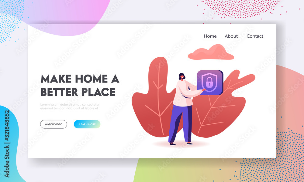 Aufkleber control smart home devices through wireless connection website landing page. woman holding icon of p