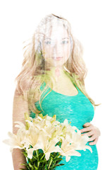 young pregnant woman with flowers on white background, double multiple exposure effect,combined images