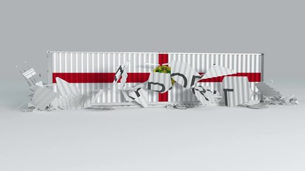 Alderney container with the flag falls on top of a container labeled EXPORT and breaks it