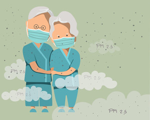 Elderly couple wearing dust mask protective to avoid pm 2.5 vector