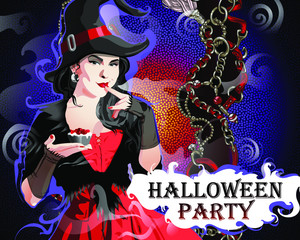 Halloween Illustration in the style of luxury:Sexy witch in a hat on a rich intricate background.  Party advertising template.