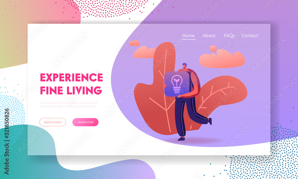 Poster modern technologies and smart home website landing page. man carry light bulb icon for mobile applic