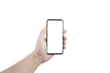 Man hand holding the black mobile phone has a white screen.