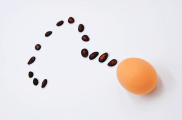 A question mark made of watermelon seeds and an egg on a white background