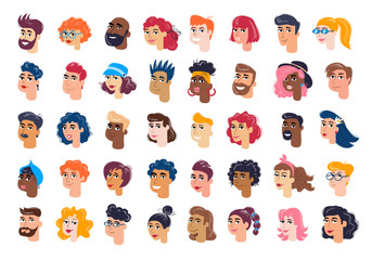 Vector set on the theme of multiracial people. Colorful isolated avatars of men and women. Cartoon flat characters for use in your design