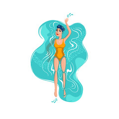 Vector colorful illustration with swimming girl in to the water. Cartoon young woman in a swimwear. Illustration on the theme of summer, sea and relaxation